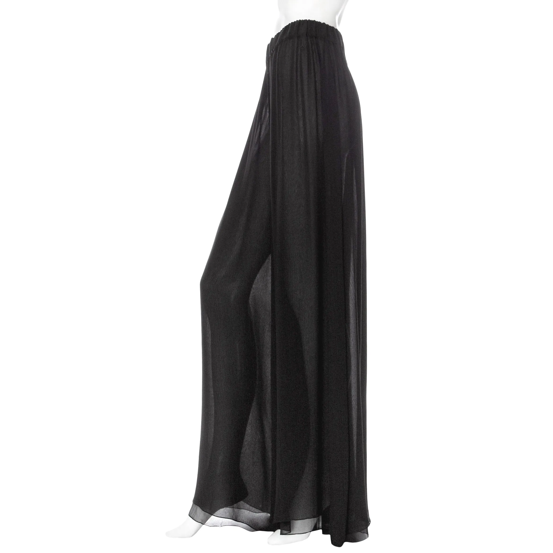 2016 Black Silk Chiffon Semi Sheer Wide Leg Palazzo Pants