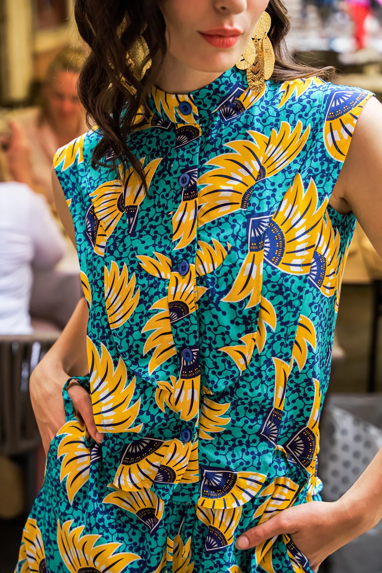 Adanna High Neck Shirt Top - Yellow Cyan Sunkissed Maized Print | ILC OA OG