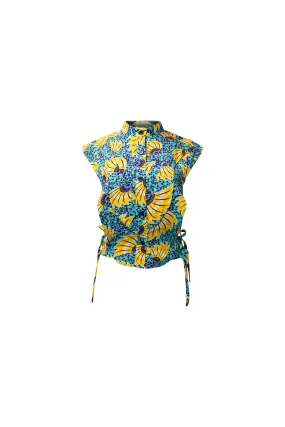 Adanna High Neck Shirt Top - Yellow Cyan Sunkissed Maized Print | ILC OA OG