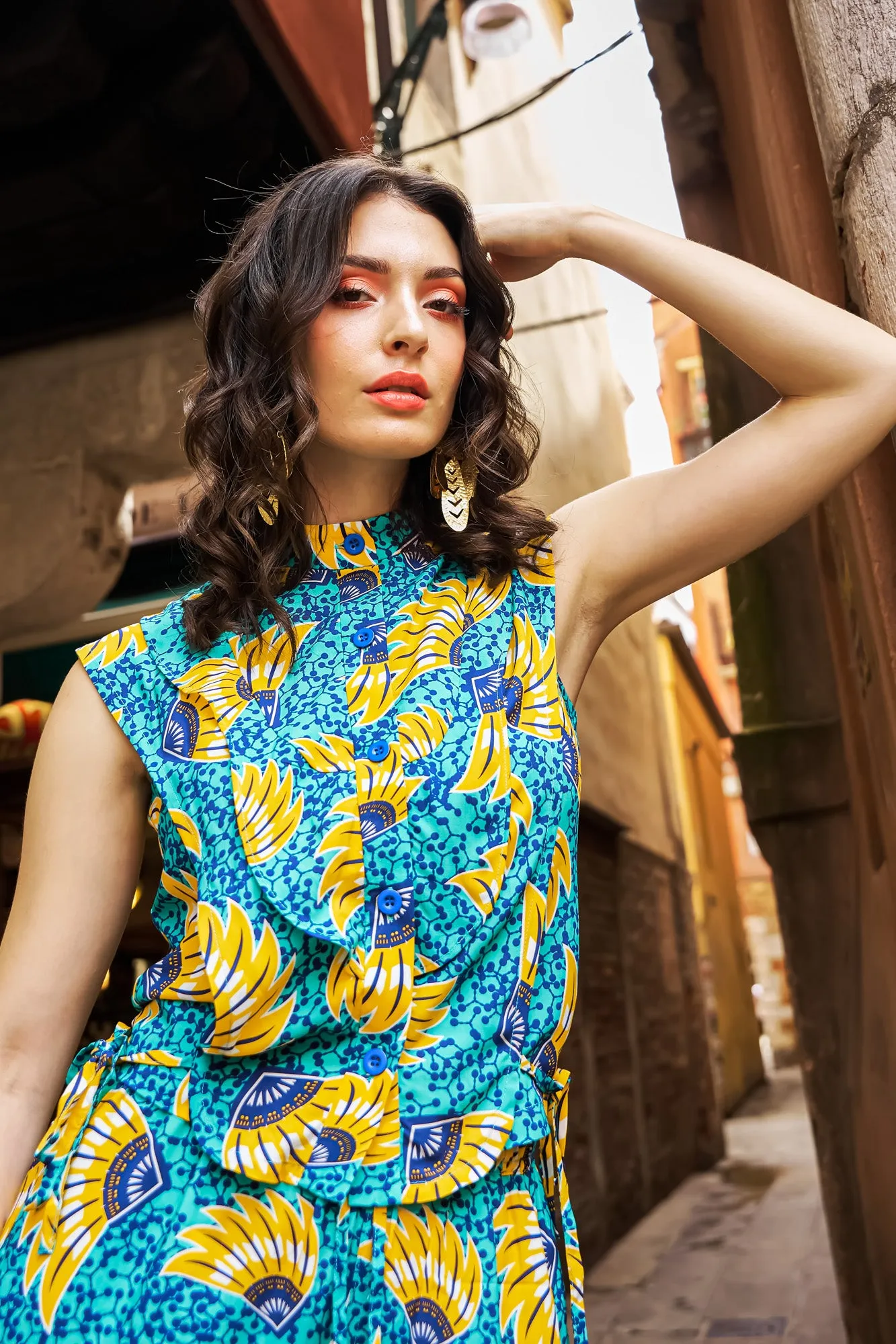 Adanna High Neck Shirt Top - Yellow Cyan Sunkissed Maized Print | ILC OA OG