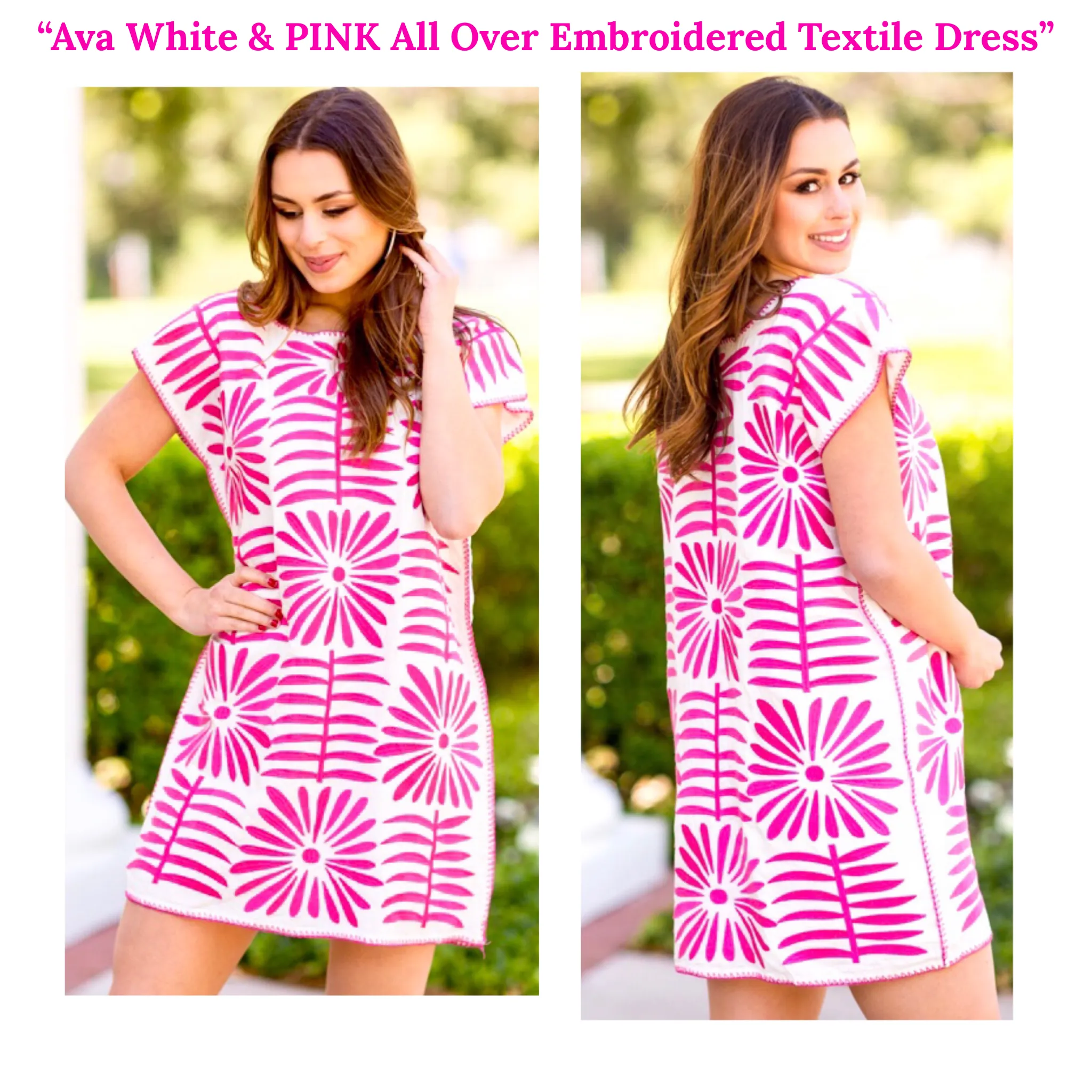 Ava White & RED Or PINK All Over Embroidered Textile Dress