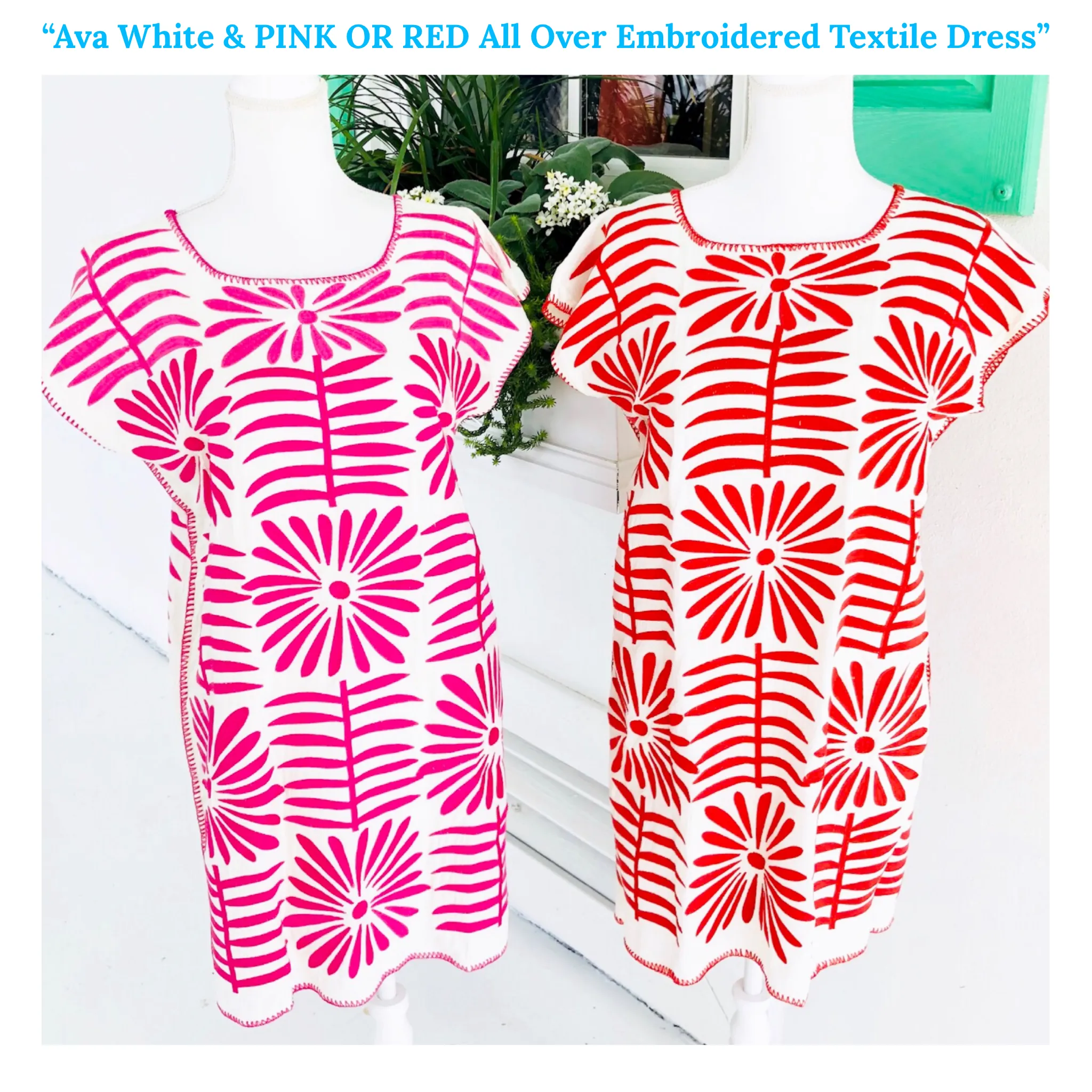 Ava White & RED Or PINK All Over Embroidered Textile Dress