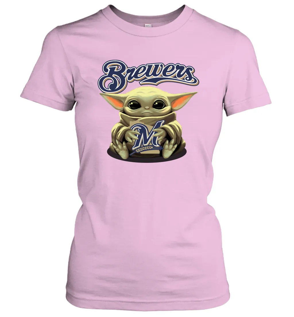 Baby Yoda Hugs Loves The Milwaukee Brewers Baseball Womens T-Shirt