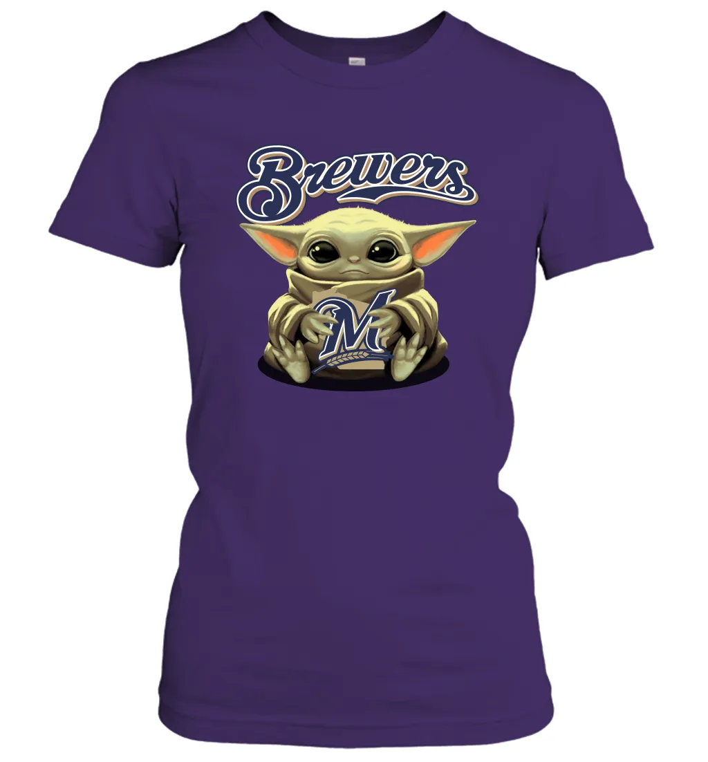 Baby Yoda Hugs Loves The Milwaukee Brewers Baseball Womens T-Shirt