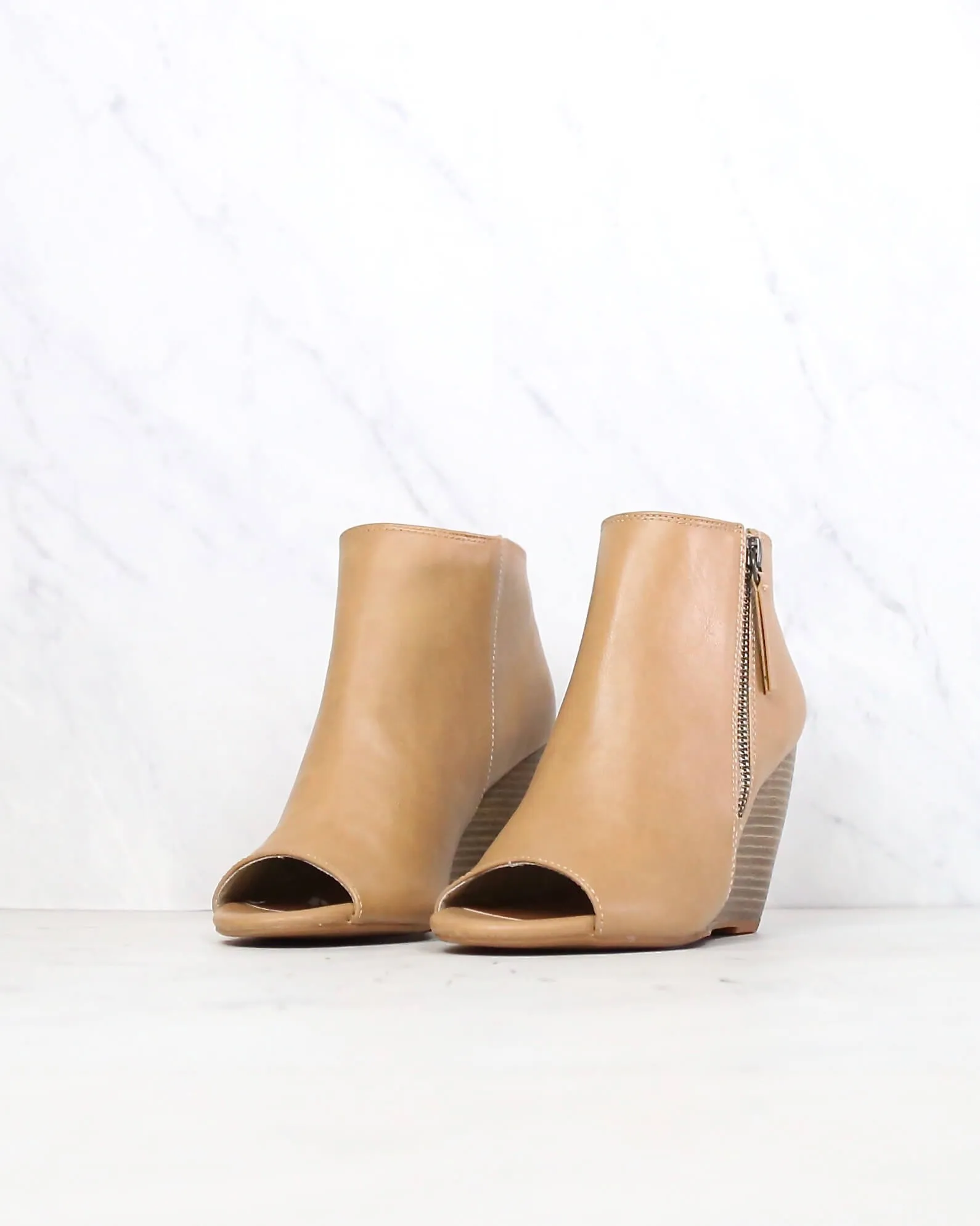 BC Footwear Rebellion Peep Toe Wedge Heel Booties in Taupe