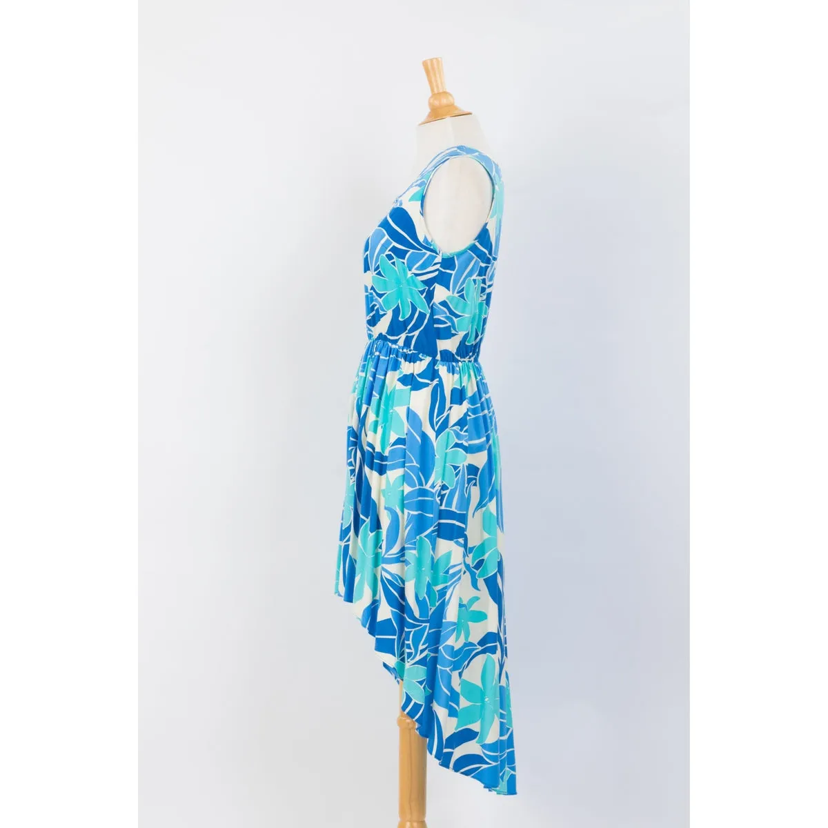 Blue Abstract Floral Print Casual Dress with Fishtail