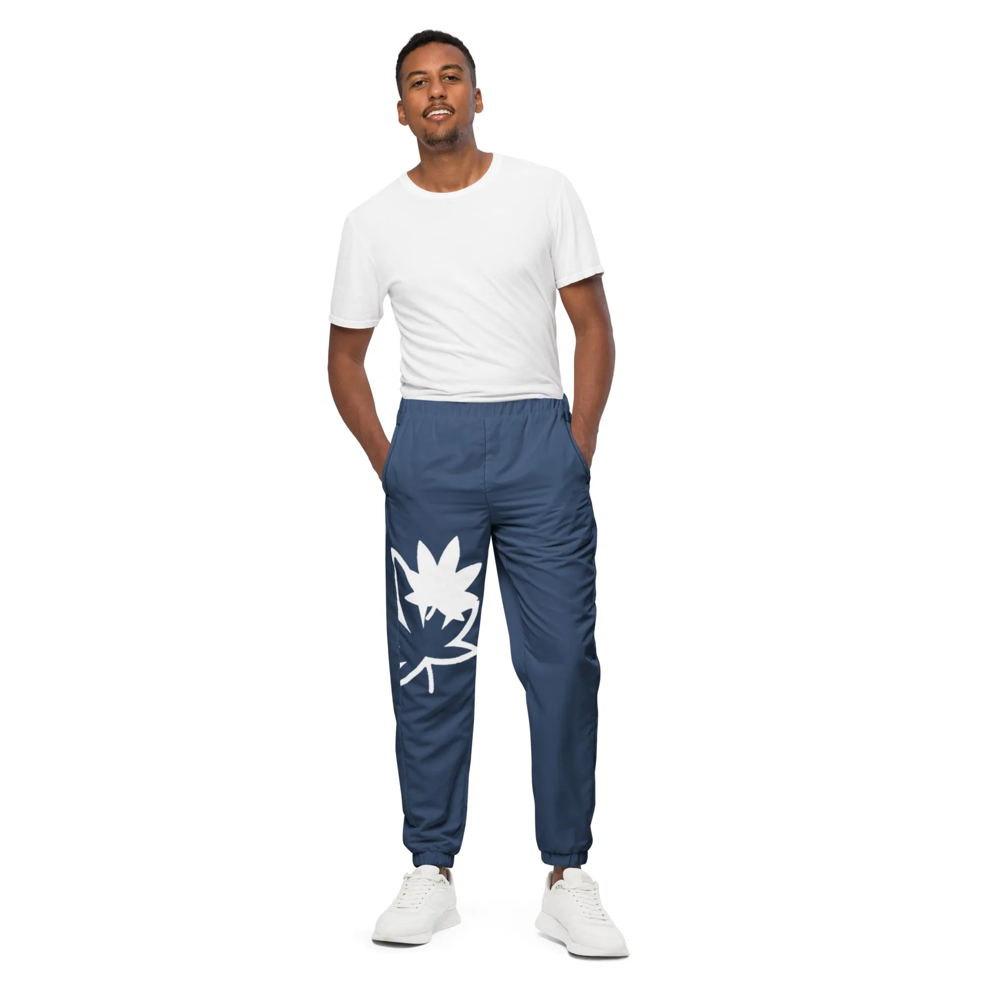 Blue and White hollow leaf and solid Unisex track pants