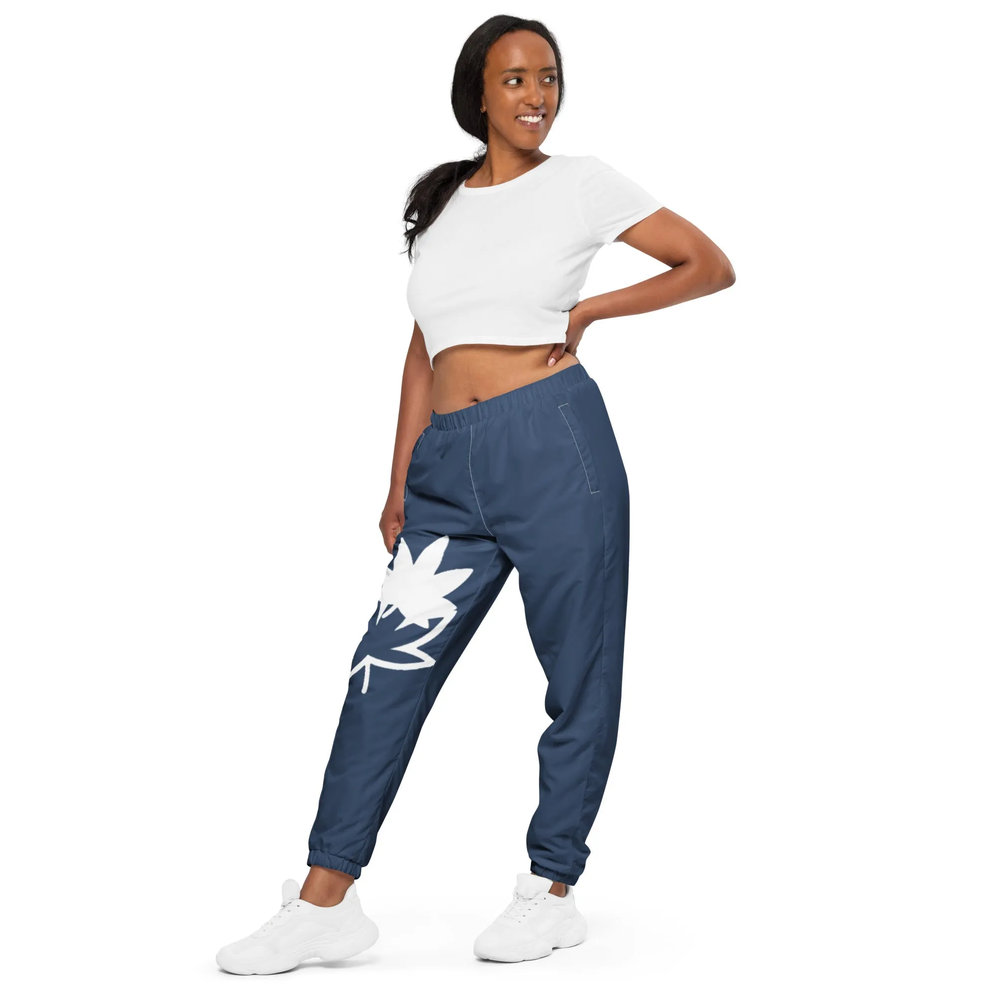 Blue and White hollow leaf and solid Unisex track pants