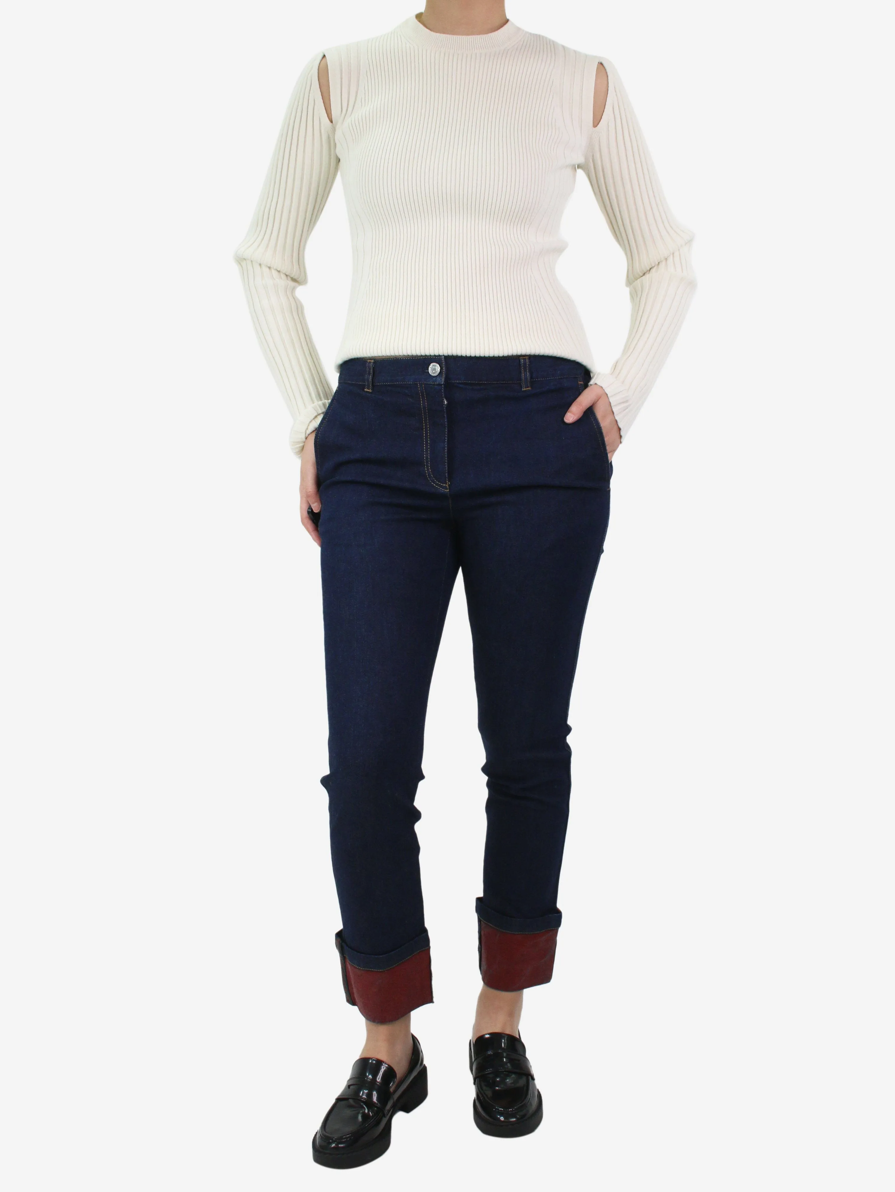 Blue cropped contrasting cuff jeans - size UK 10