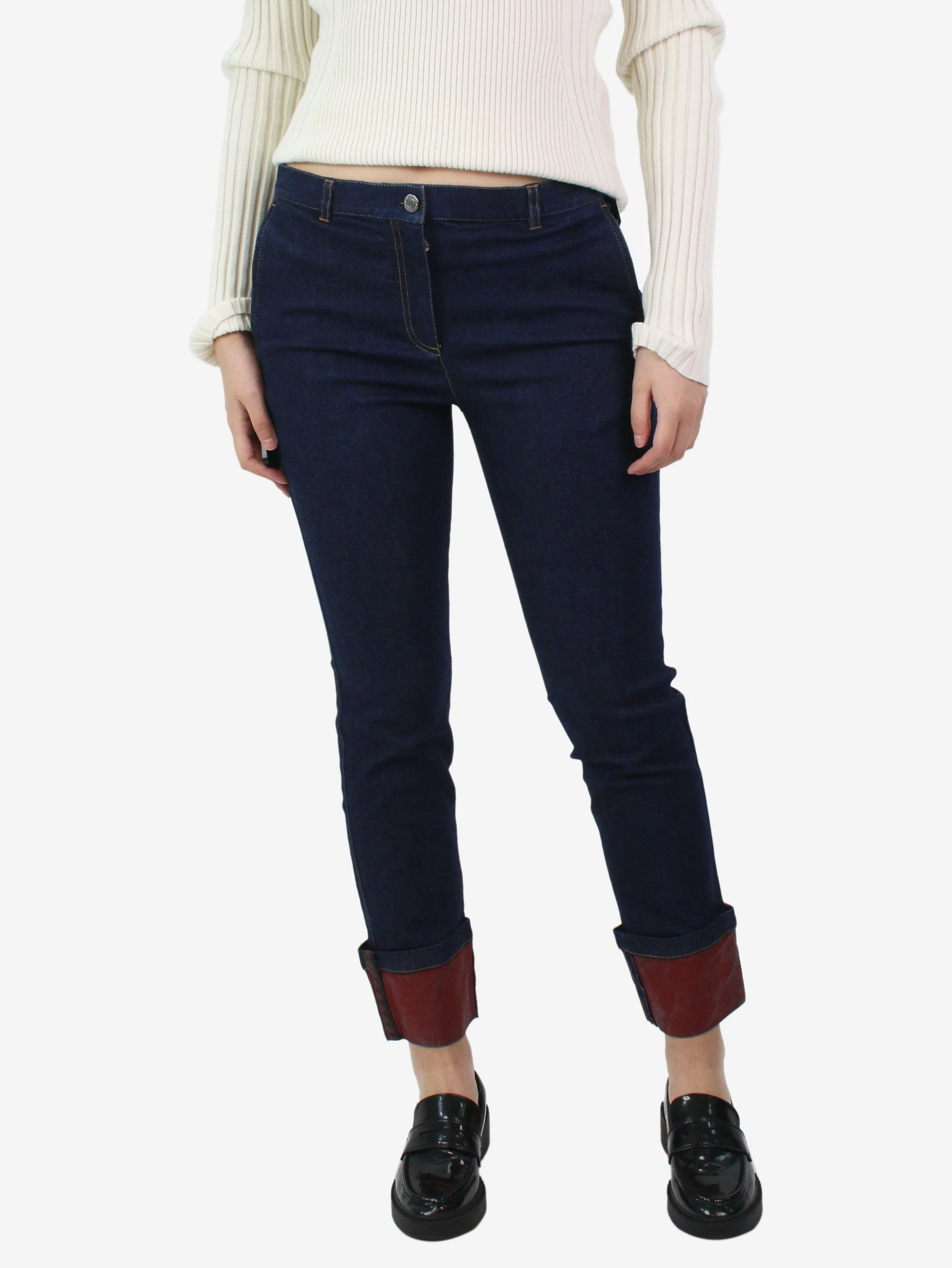 Blue cropped contrasting cuff jeans - size UK 10