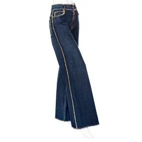 Blue Fringe-Trim Denim Pants