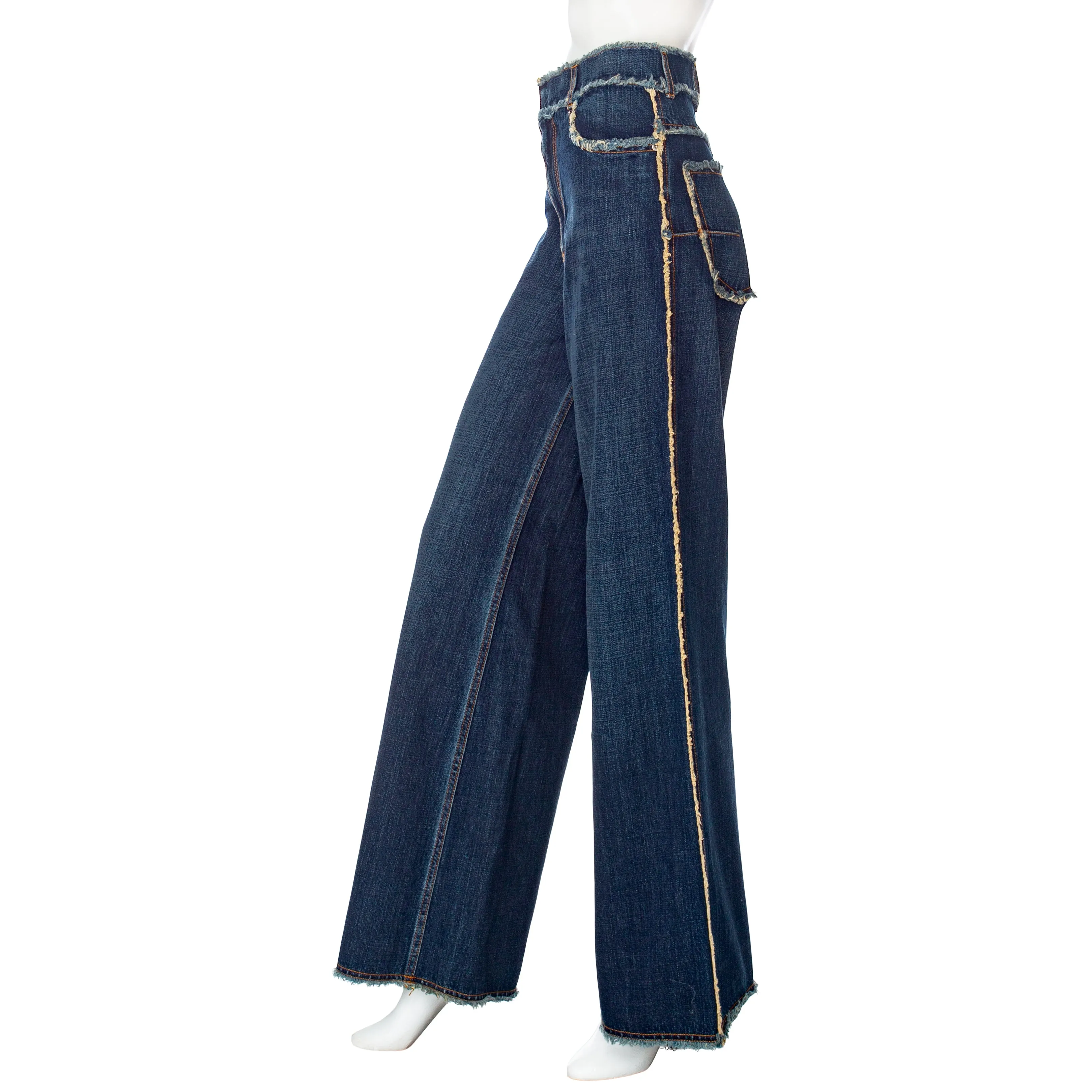 Blue Fringe-Trim Denim Pants