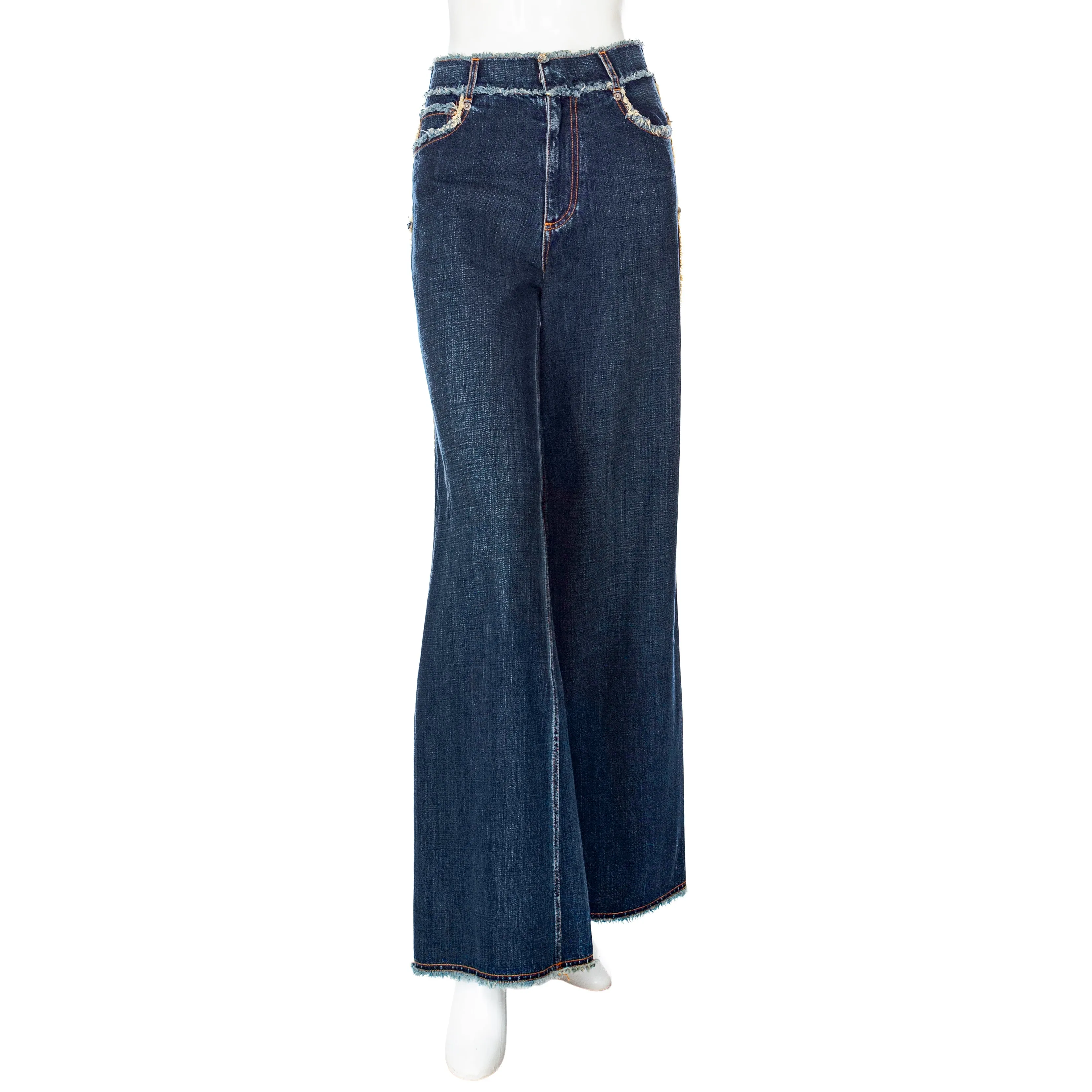 Blue Fringe-Trim Denim Pants