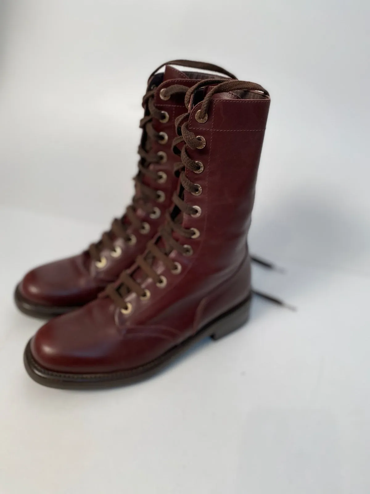 Chanel 13A 2013 Fall Paris Edinburgh Dark Brown Blue Interior Leather Lace Up Engineer Boots EU 39