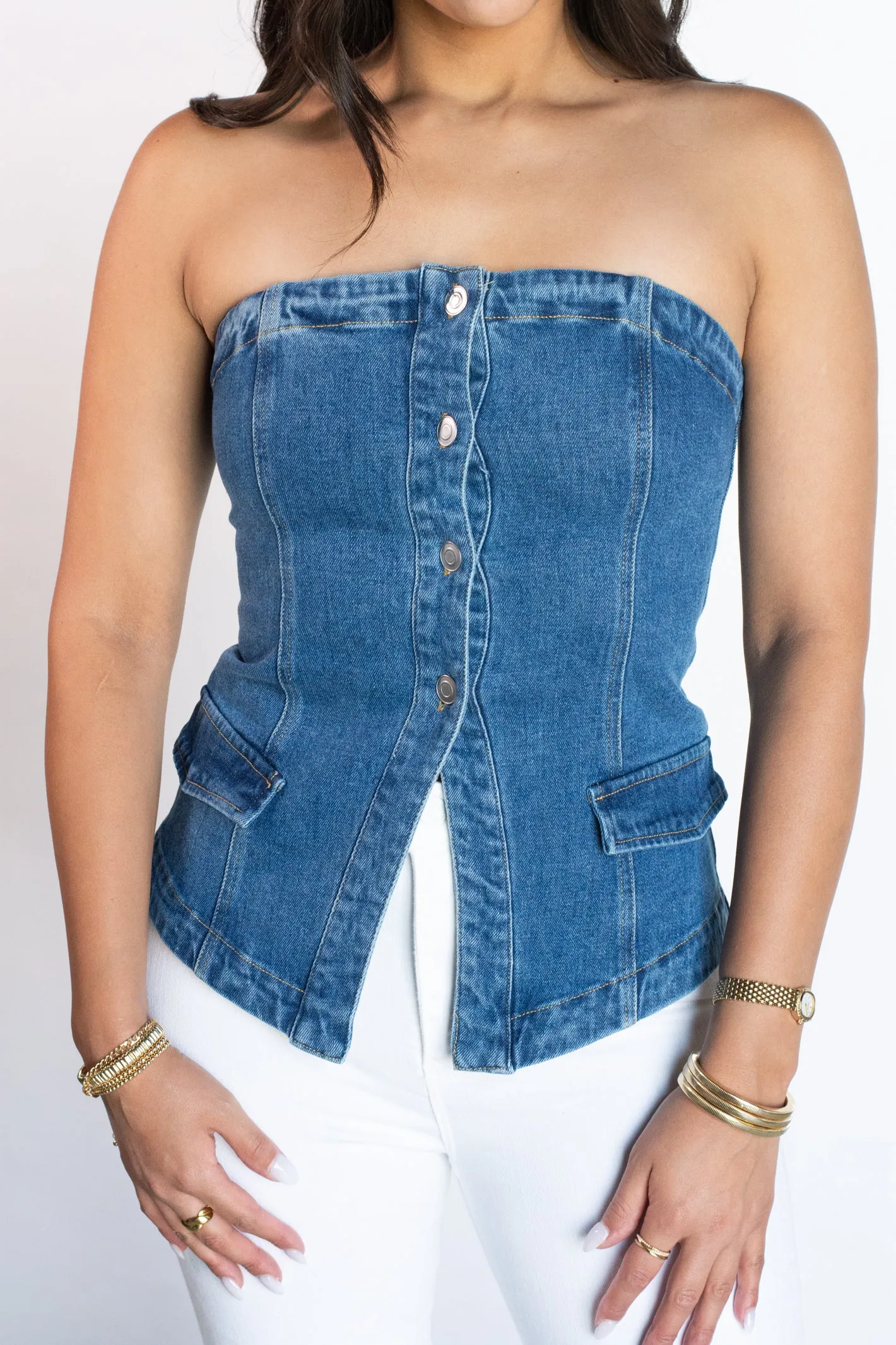 Effortless Appeal Dark Wash Strapless Top