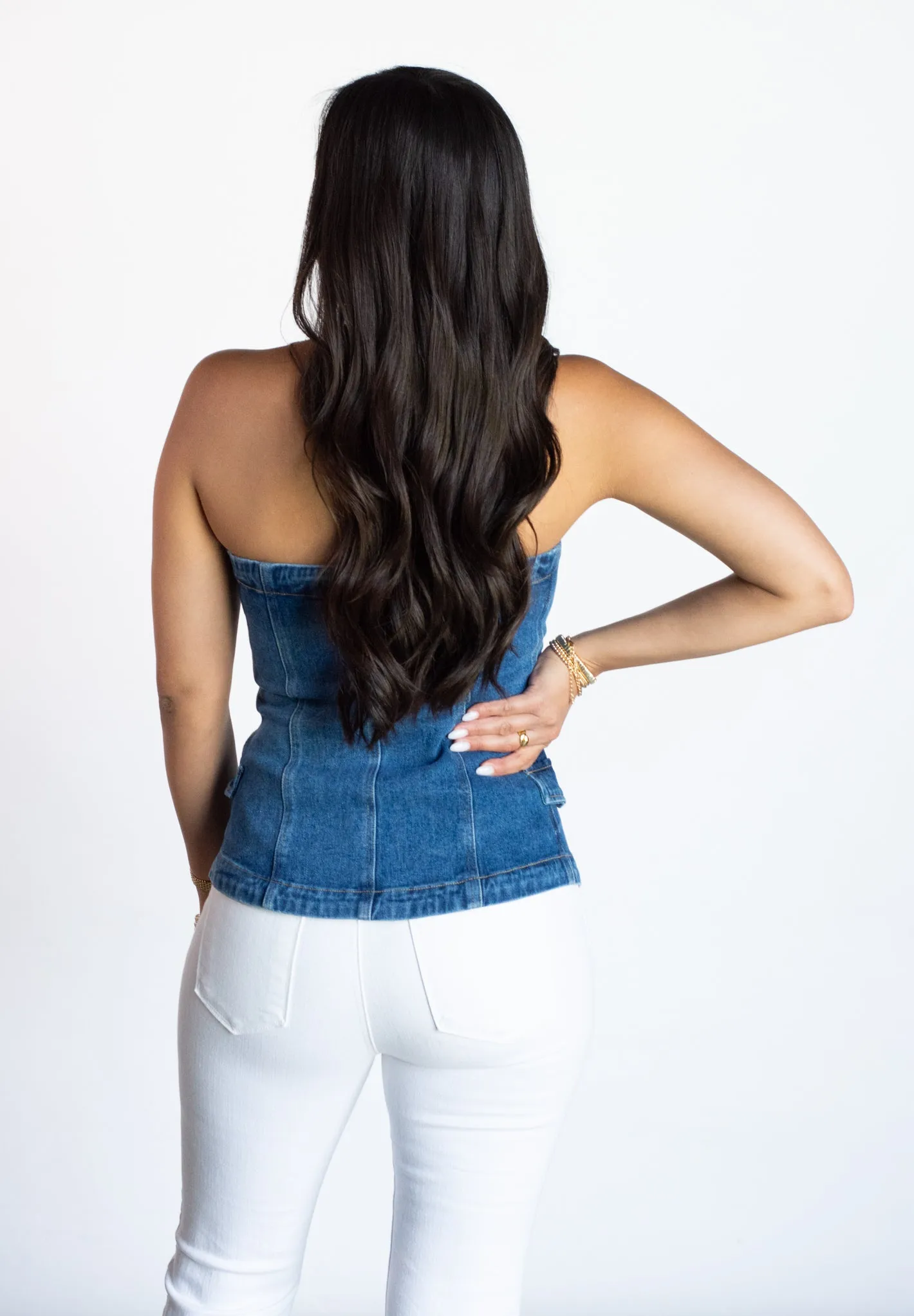 Effortless Appeal Dark Wash Strapless Top