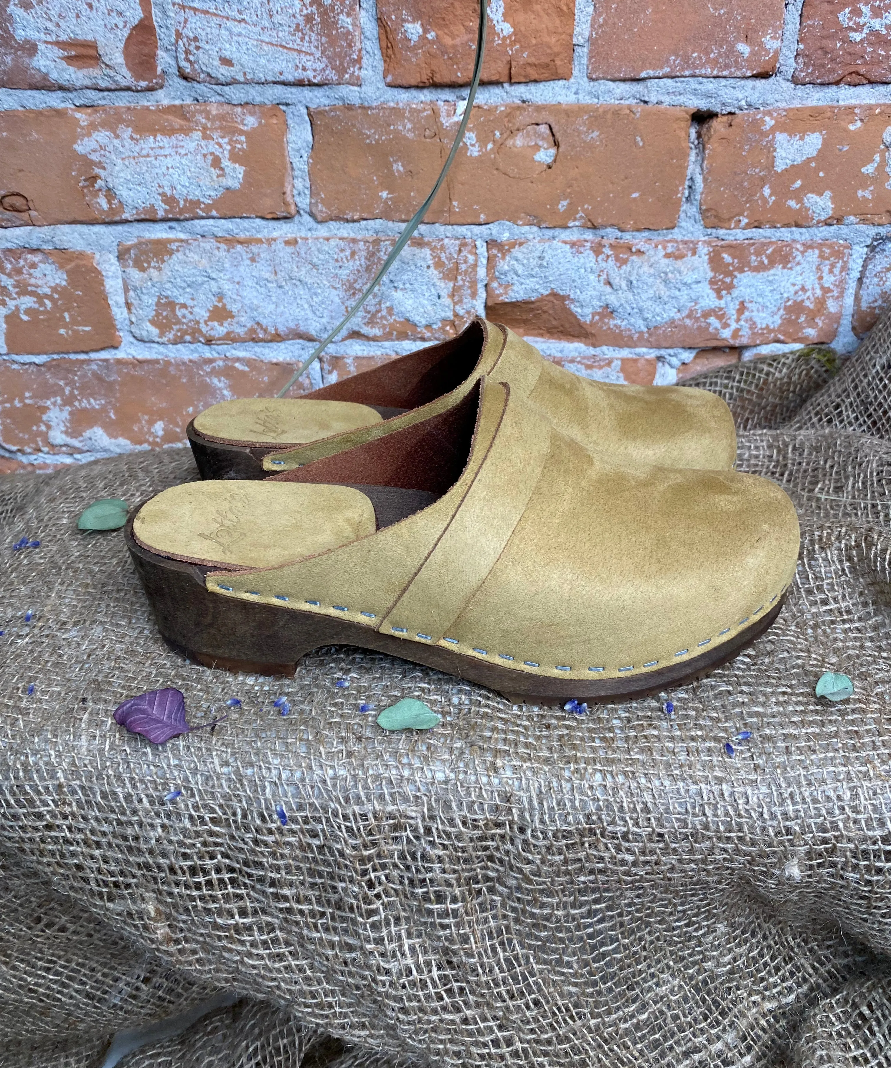 Elsa Classic Clogs in Sand StainResist. Nubuck on Brown Base