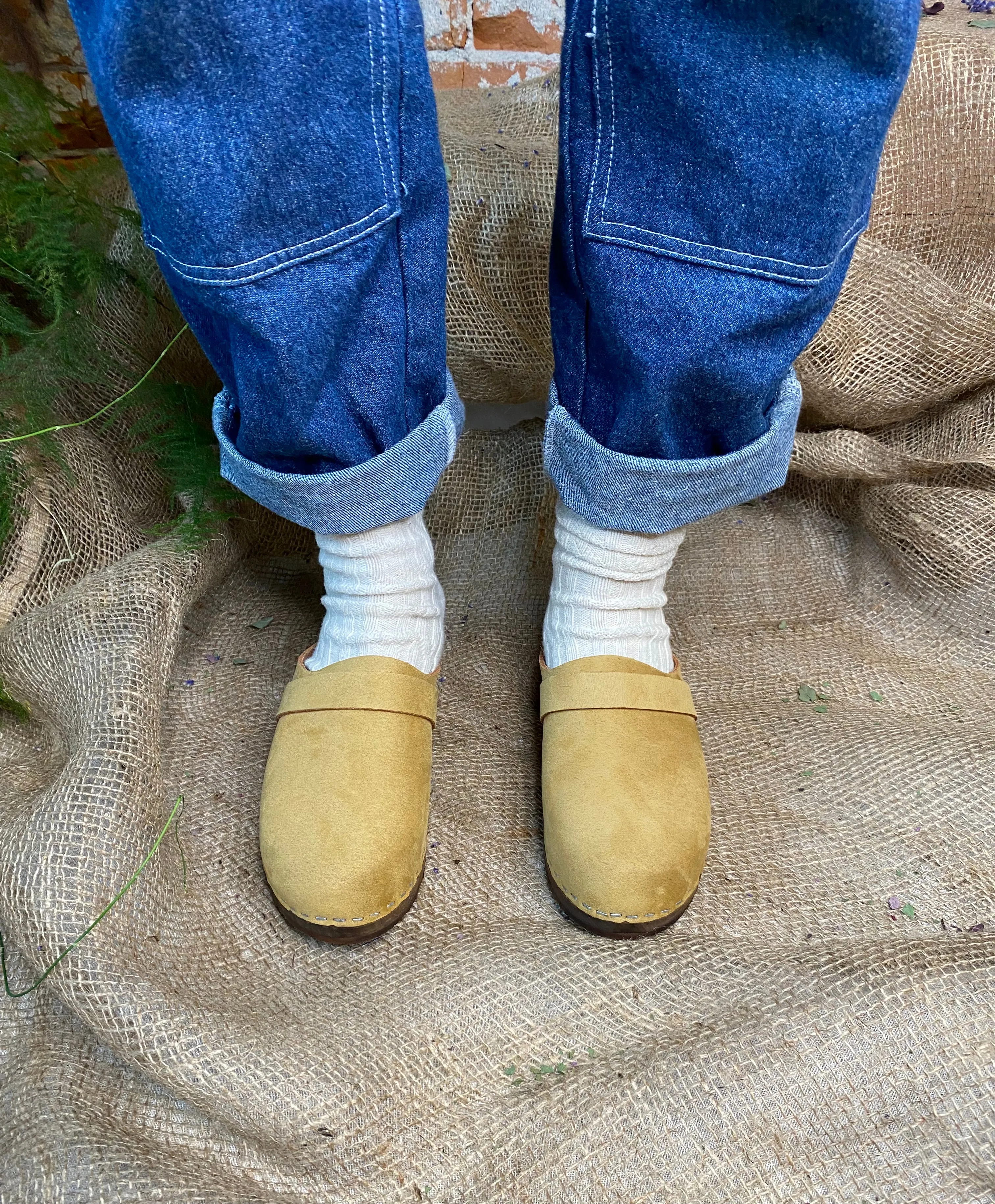 Elsa Classic Clogs in Sand StainResist. Nubuck on Brown Base