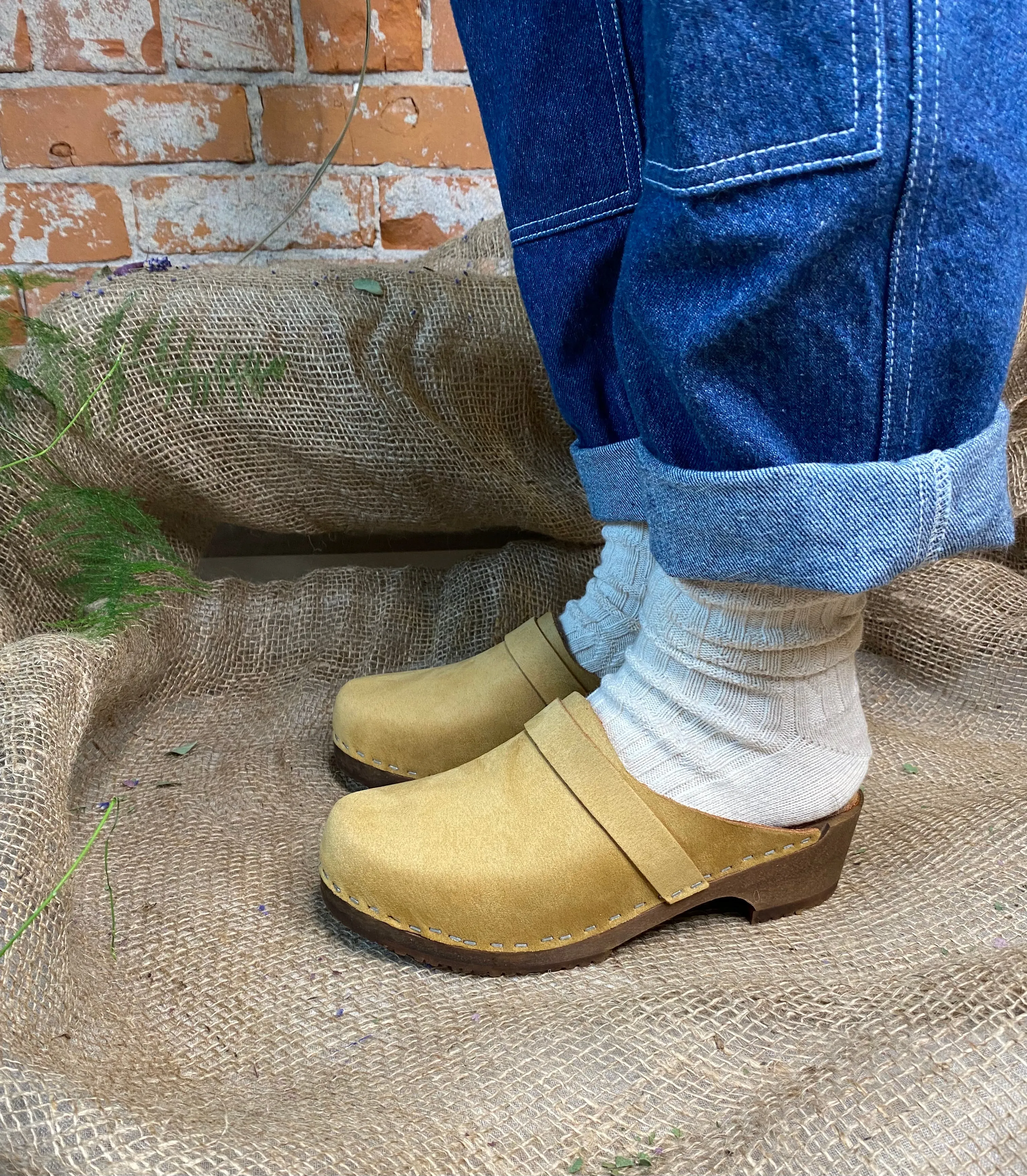 Elsa Classic Clogs in Sand StainResist. Nubuck on Brown Base