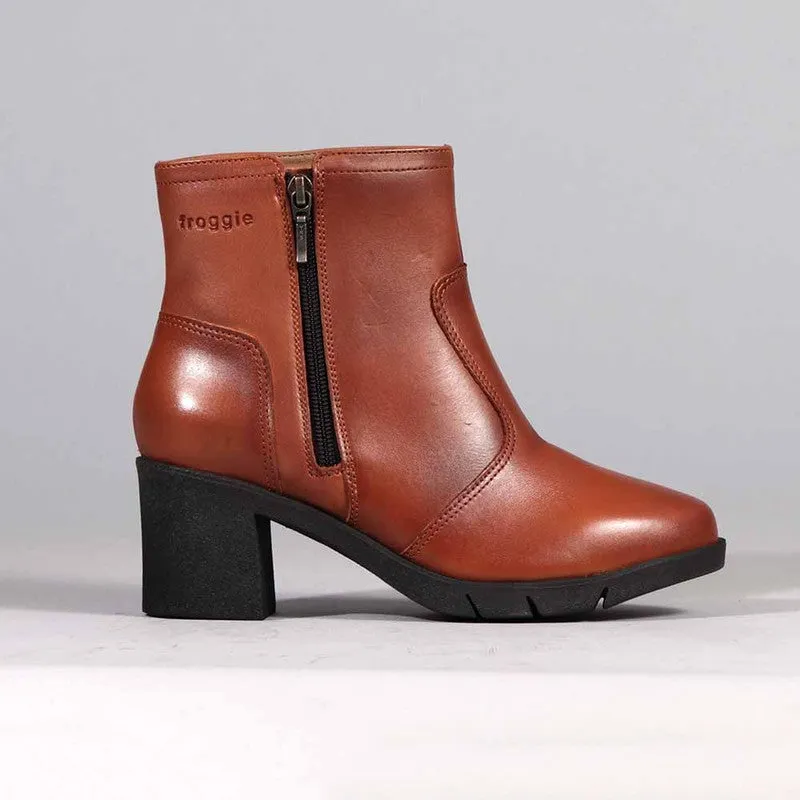 Froggie Flex Leather Block Heel Side Zip Ankle Boot - Chestnut