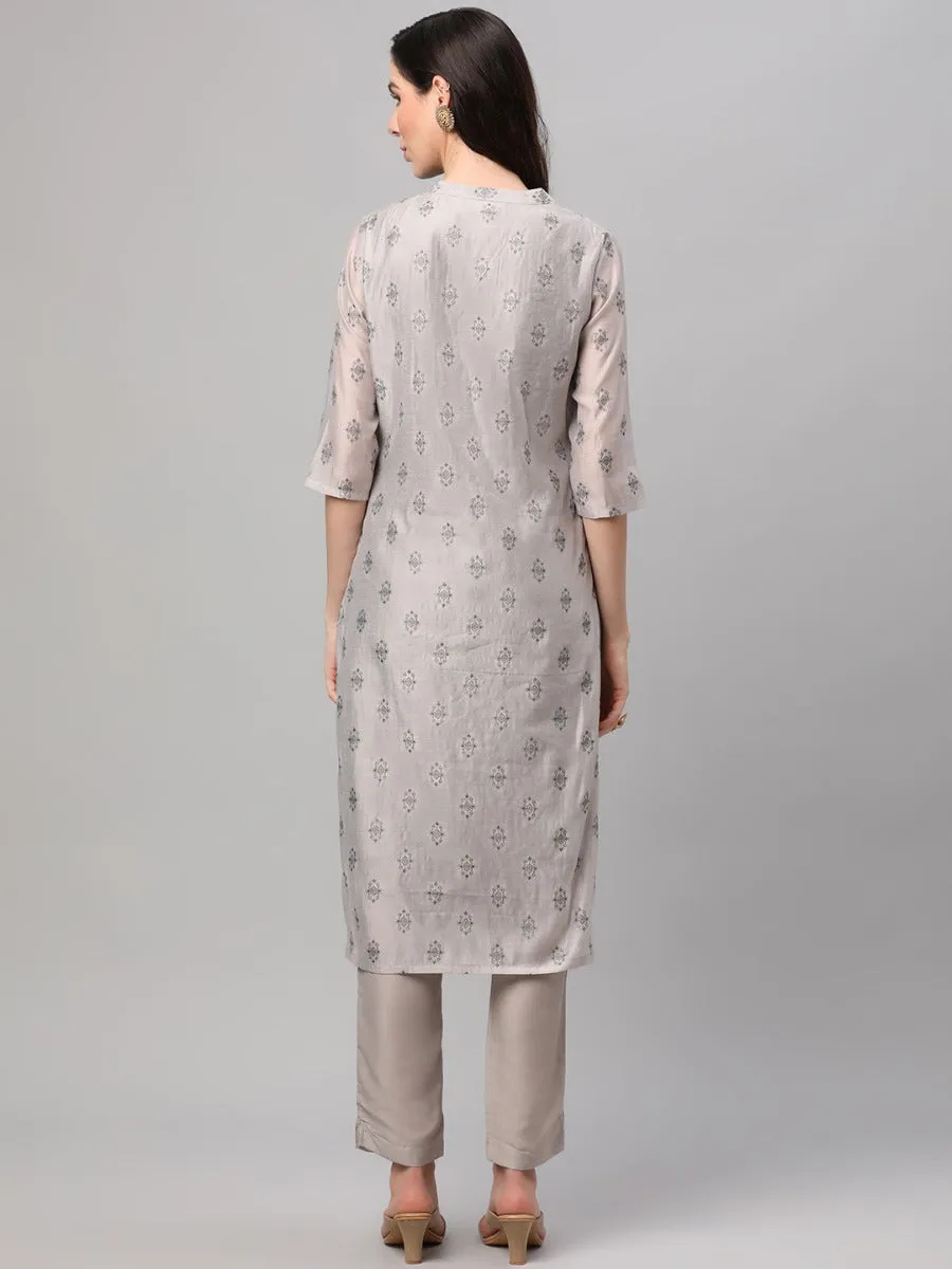 Grey Geometric Printed Kurta Trouser Dupatta