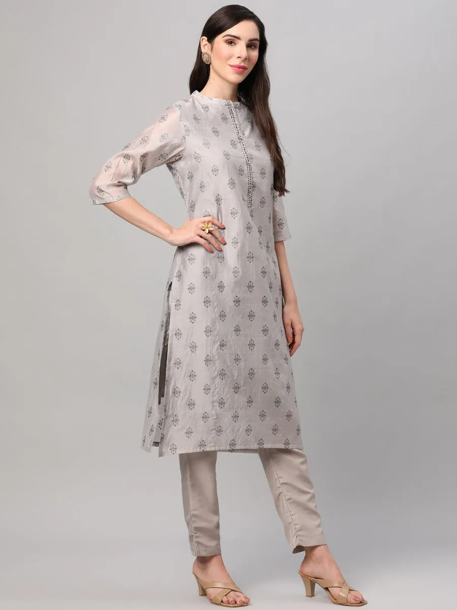 Grey Geometric Printed Kurta Trouser Dupatta