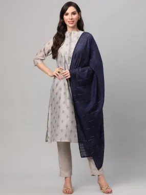 Grey Geometric Printed Kurta Trouser Dupatta