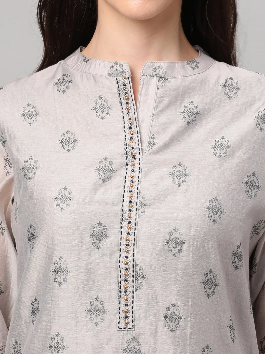 Grey Geometric Printed Kurta Trouser Dupatta