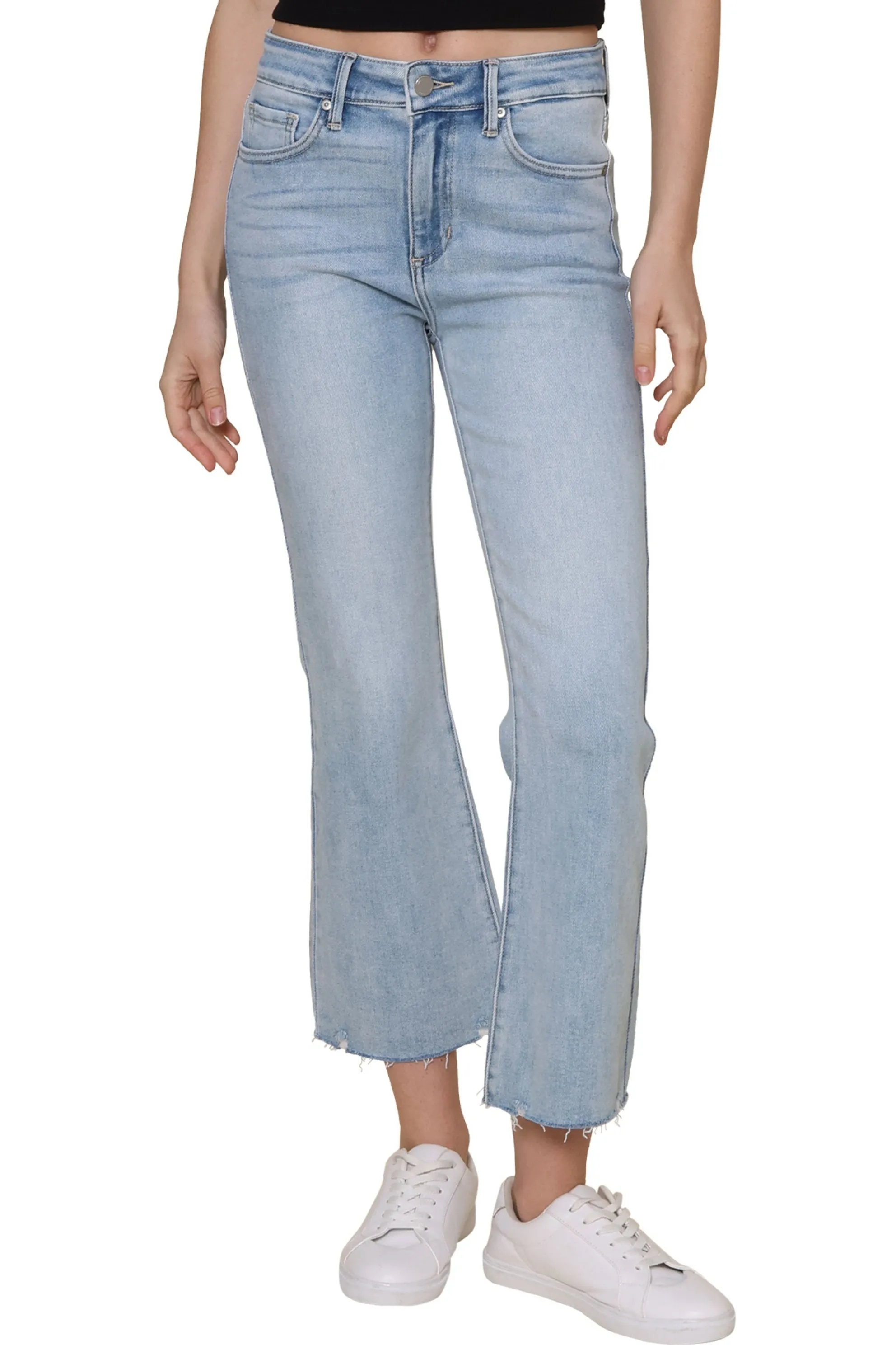 High Rise Crop Flare With Distressed Hem Jeans