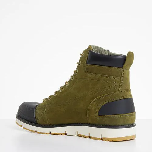 Leather Rubber Wedge Worker Boot (Lizzard Boot) - Olive