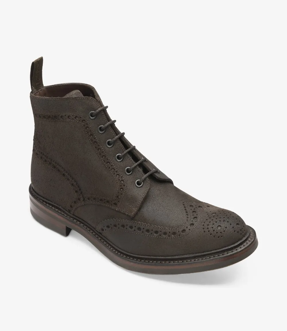 LOAKE Bedale Brogue Suede Boot - Dark Brown Waxy