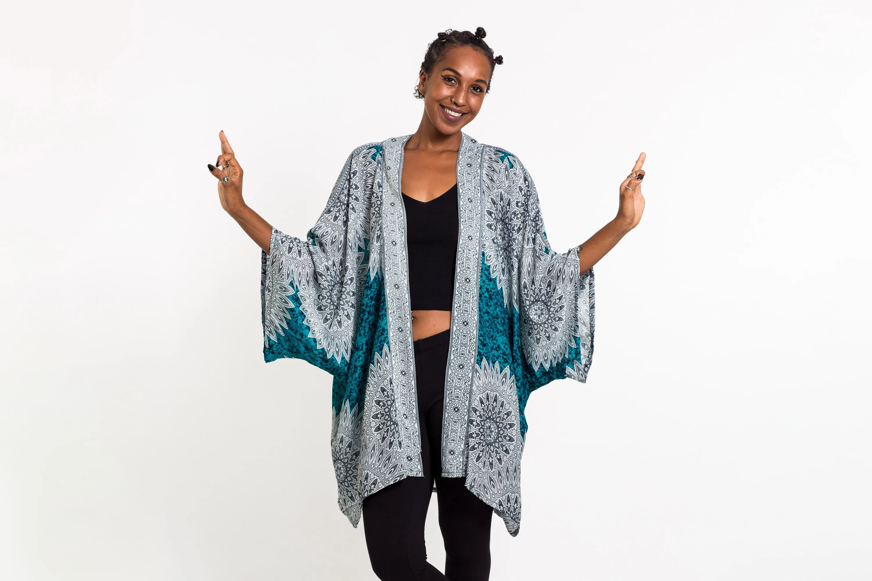 Marble Mandalas Kimono Cardigan in Turquoise