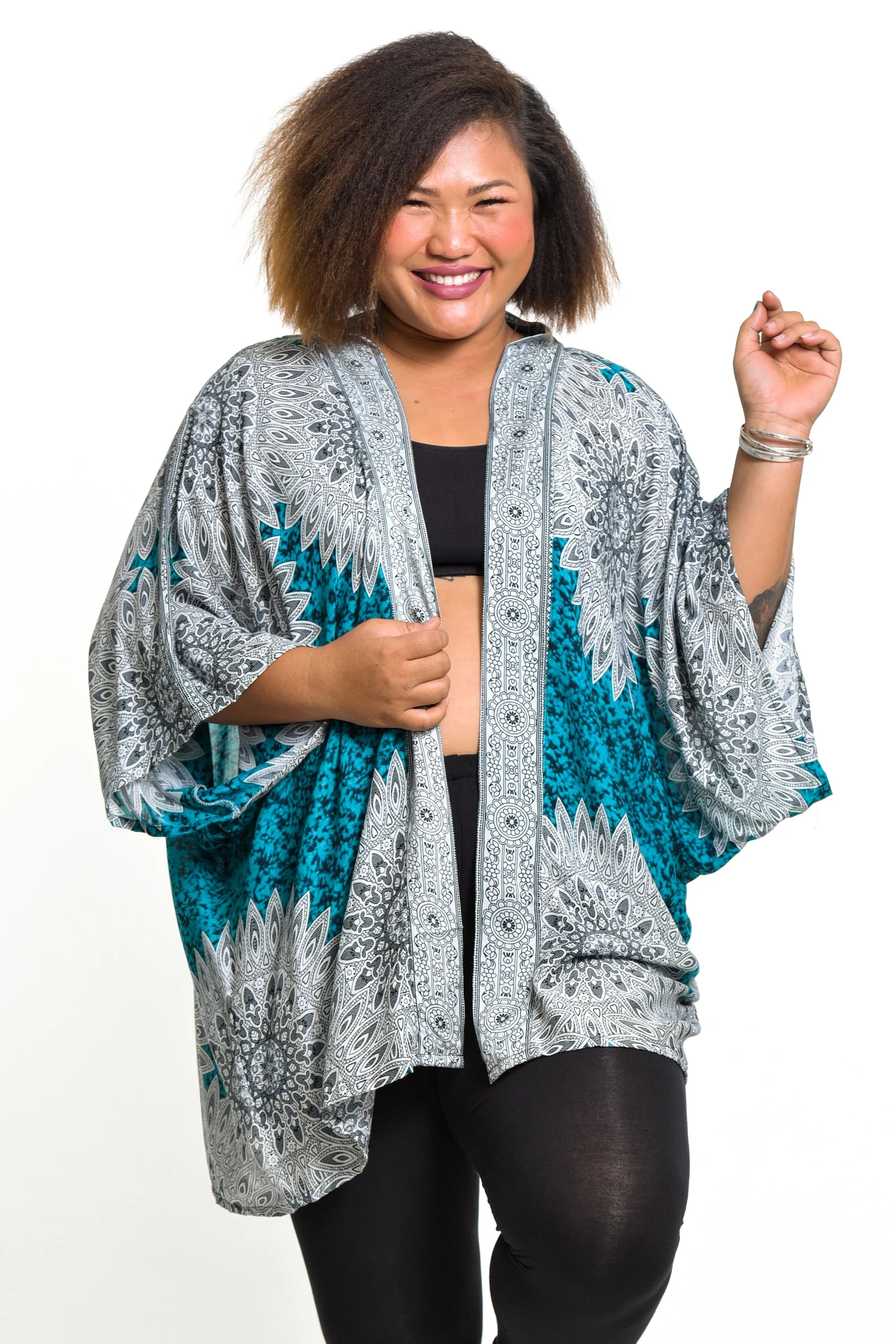 Marble Mandalas Kimono Cardigan in Turquoise