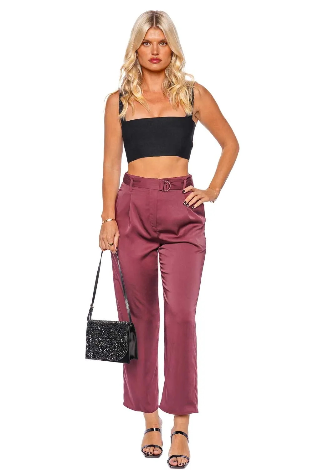 Merlot Satin Belted Cropped Pant