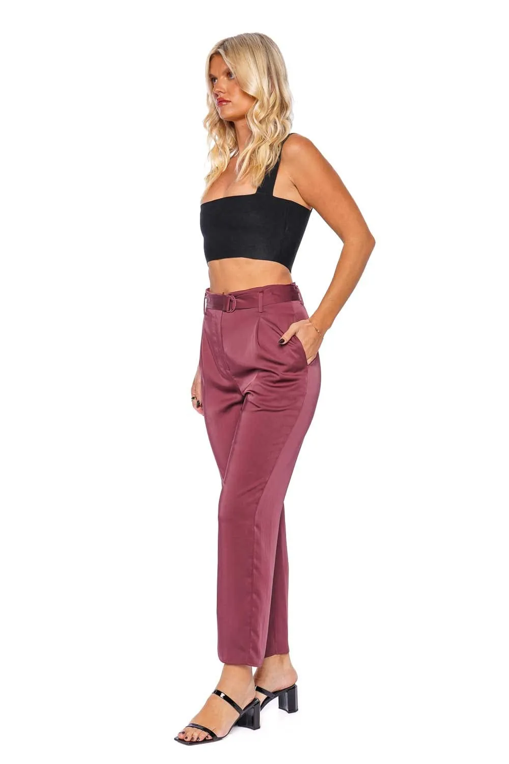 Merlot Satin Belted Cropped Pant