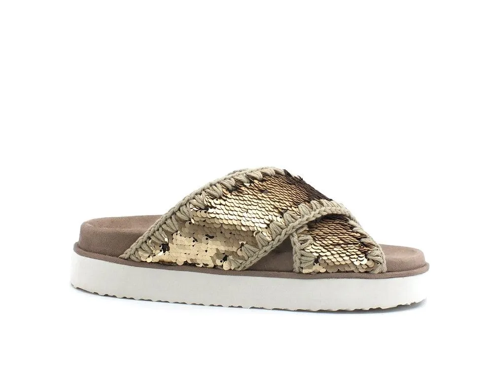 MOU Criss Cross Bio Sandal Plain Ciabatta Pailettes Gold Metal MU.SW251003G