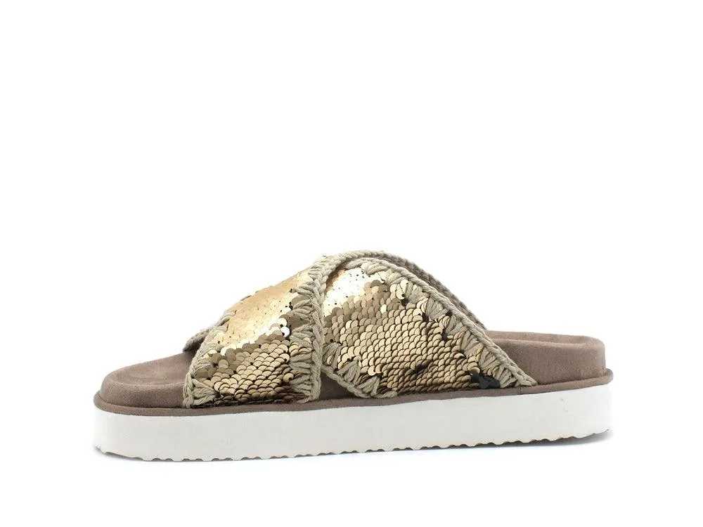 MOU Criss Cross Bio Sandal Plain Ciabatta Pailettes Gold Metal MU.SW251003G