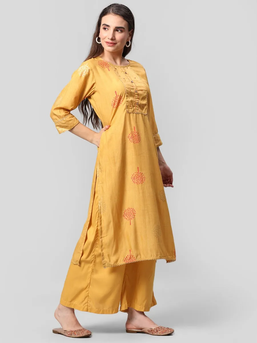 Mustard Ornamental Printed Kurta Palazzo Dupatta