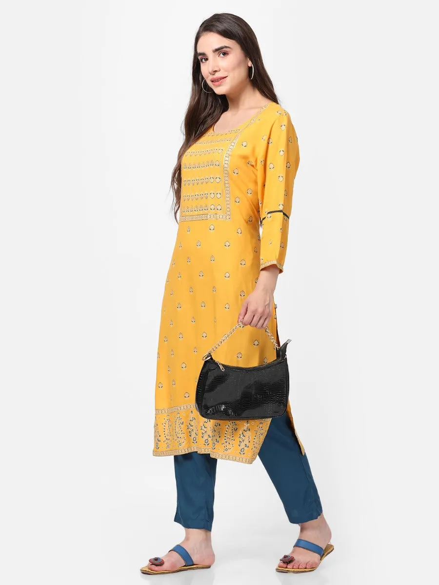 Mustard Ornamental Printed Kurta With Trouser