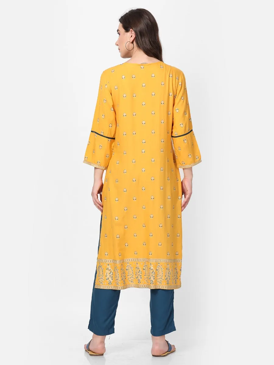 Mustard Ornamental Printed Kurta With Trouser