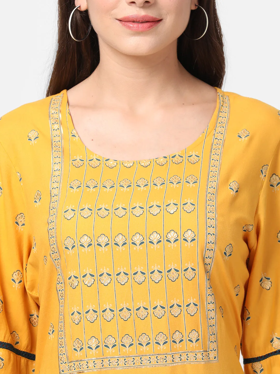 Mustard Ornamental Printed Kurta With Trouser