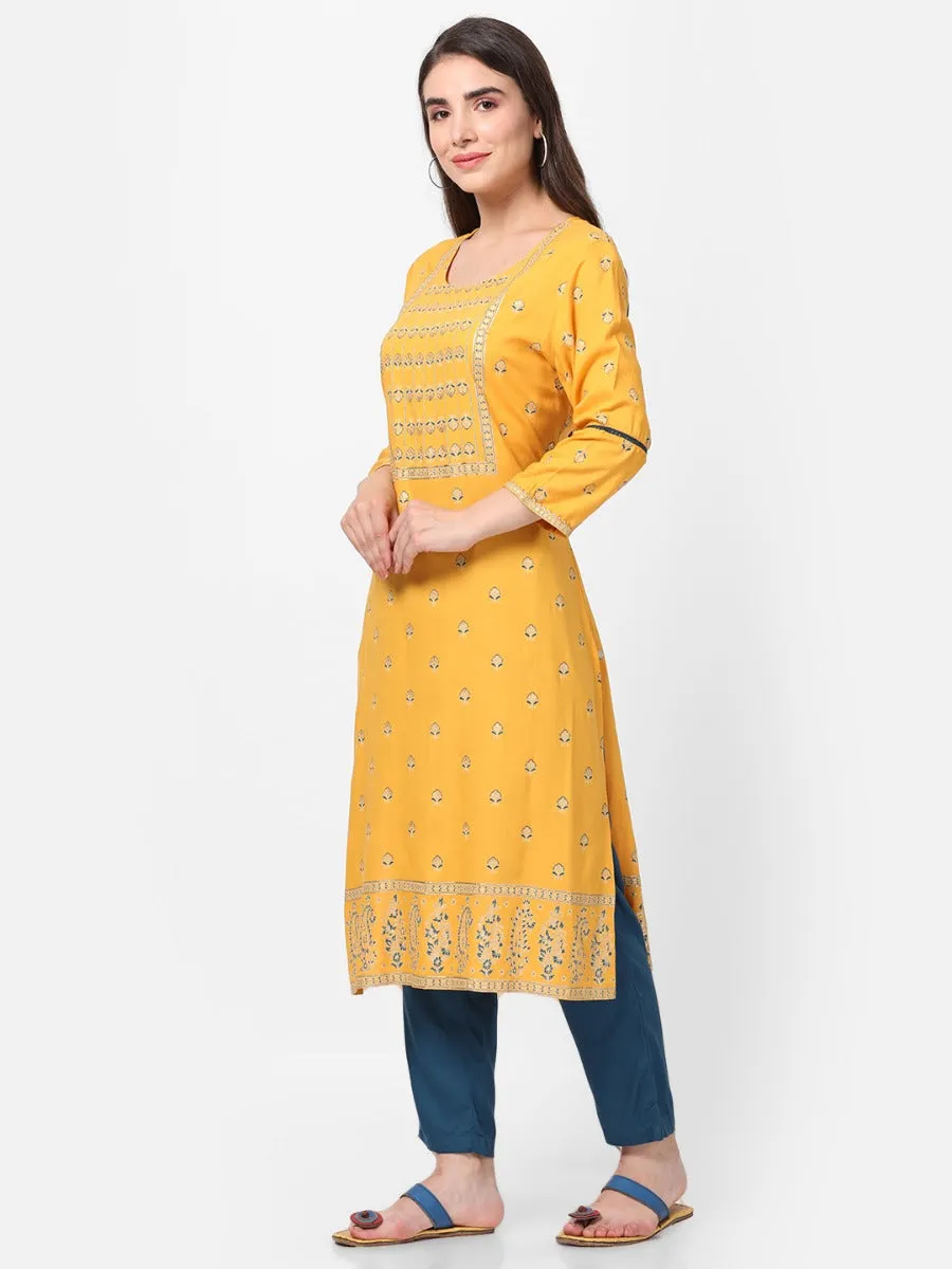 Mustard Ornamental Printed Kurta With Trouser