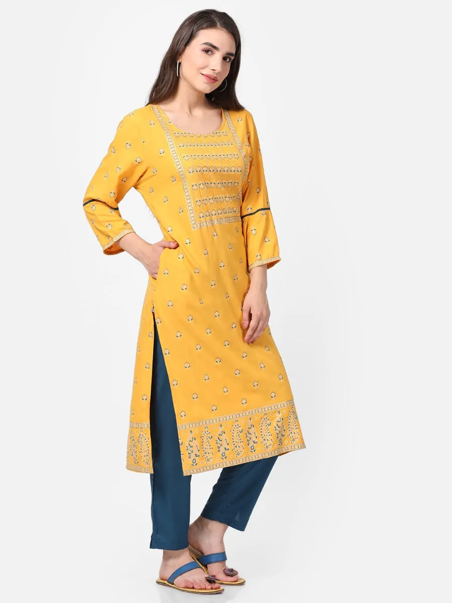 Mustard Ornamental Printed Kurta With Trouser