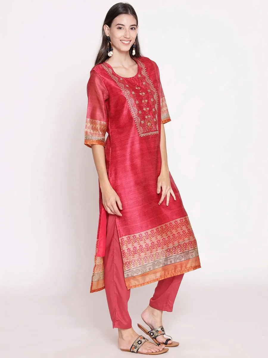 Pink Floral Printed Kurta Trouser Dupatta