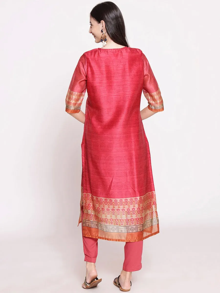 Pink Floral Printed Kurta Trouser Dupatta