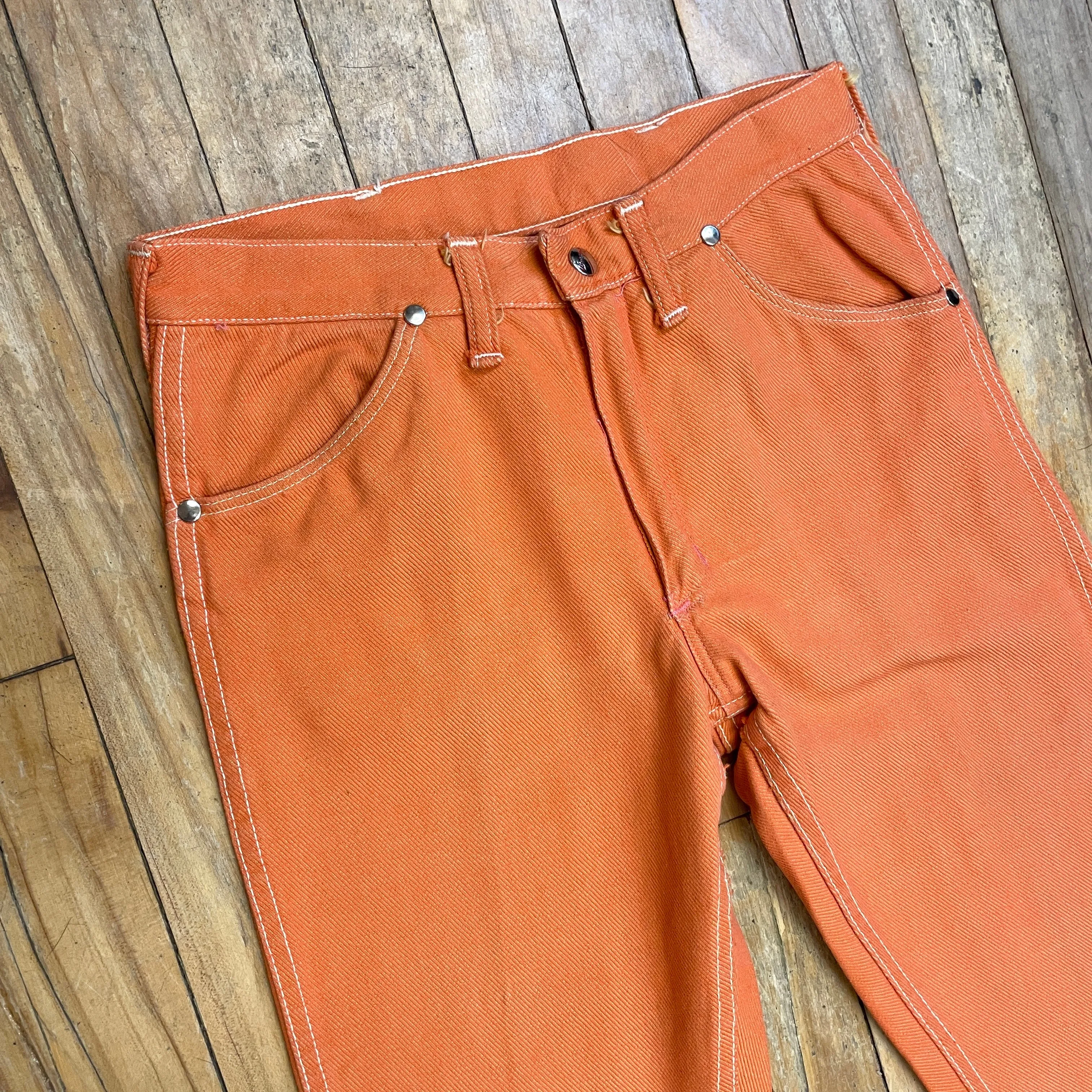 RARE 60s Wrangler Sanforized Blue Bell Made in Canada Creamsicle Coloured Twill Trousers with Lightning Zipper Size 28"