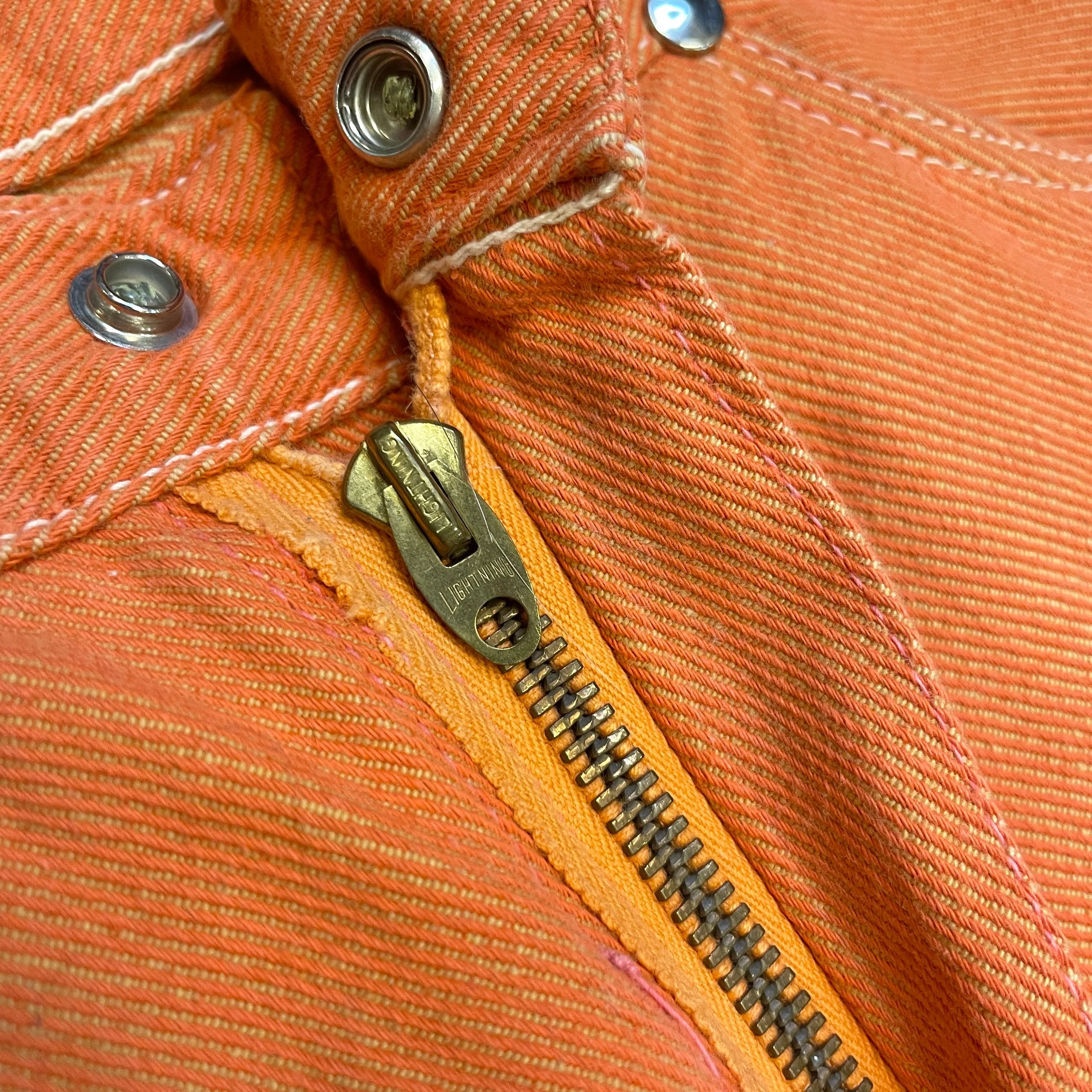 RARE 60s Wrangler Sanforized Blue Bell Made in Canada Creamsicle Coloured Twill Trousers with Lightning Zipper Size 28"