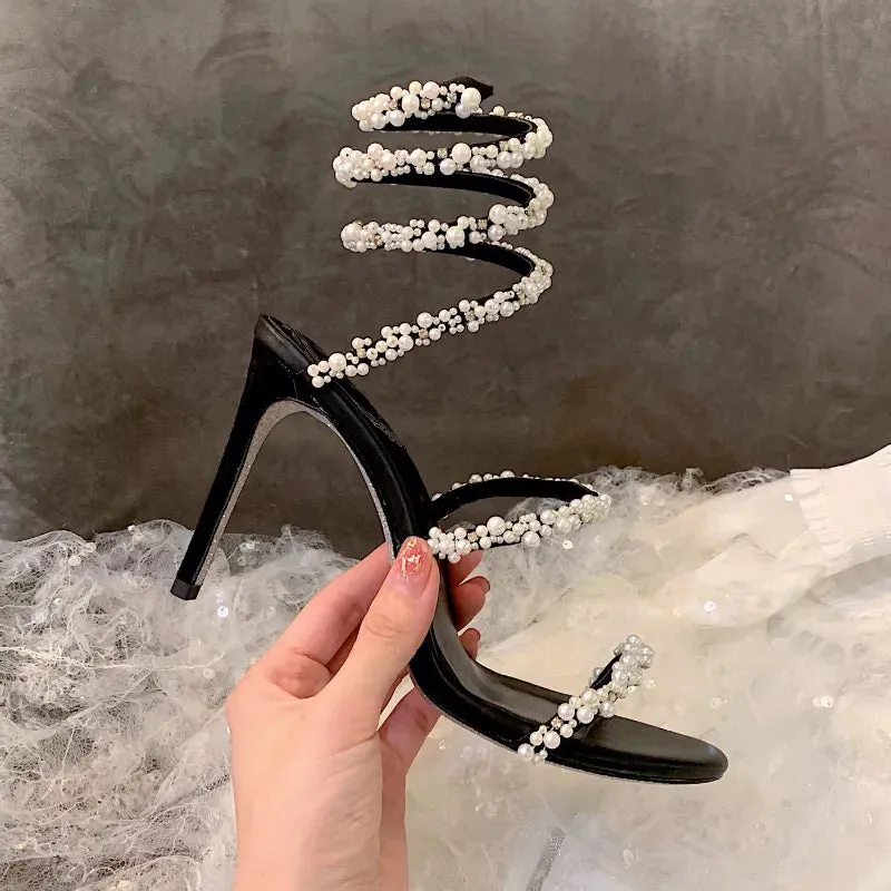 Rene Caovilla Cleo sandals Pearl Crystals Gem Embellished stiletto Heels Evening shoes women high heeled Luxury Designers Wraparound Dress shoes factory footwear