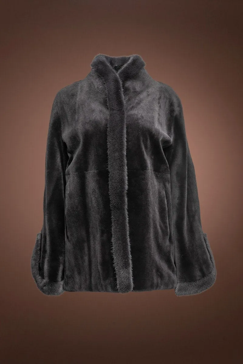 Split Cuff Charcoal Sheared & Long Haired Mink Fur Jacket