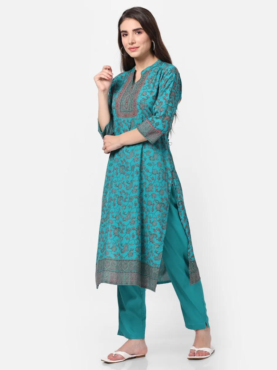 Teal Floral Kurta With Trouser